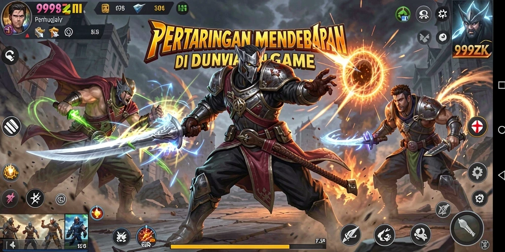 Screenshot utama 999ZK menampilkan pertarungan seru dan karakter yang kuat.