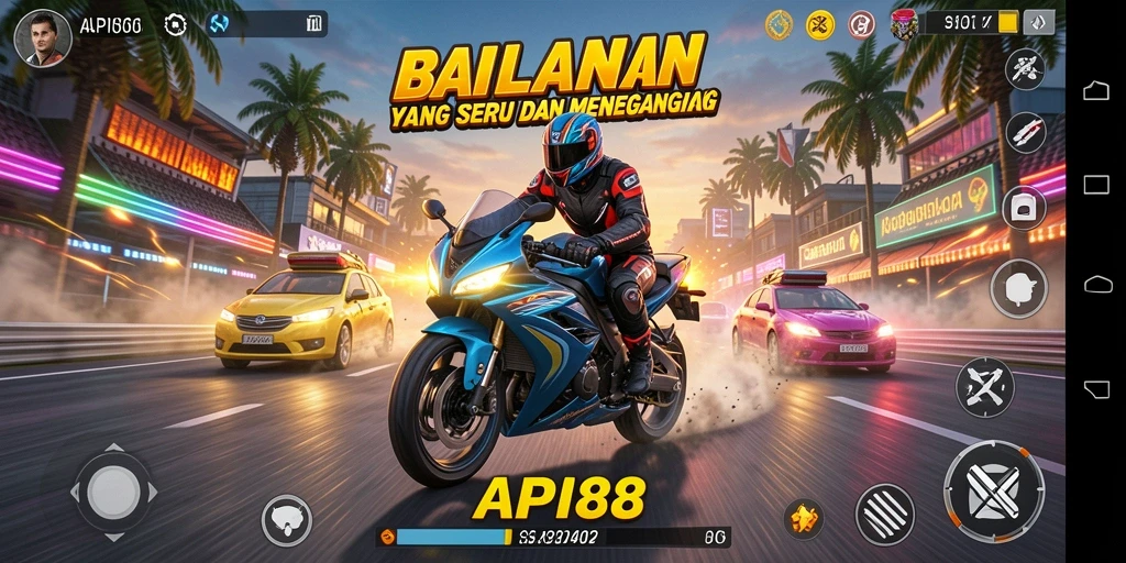 Tampilan gameplay seru dalam API88 dengan balapan motor yang mendebarkan.