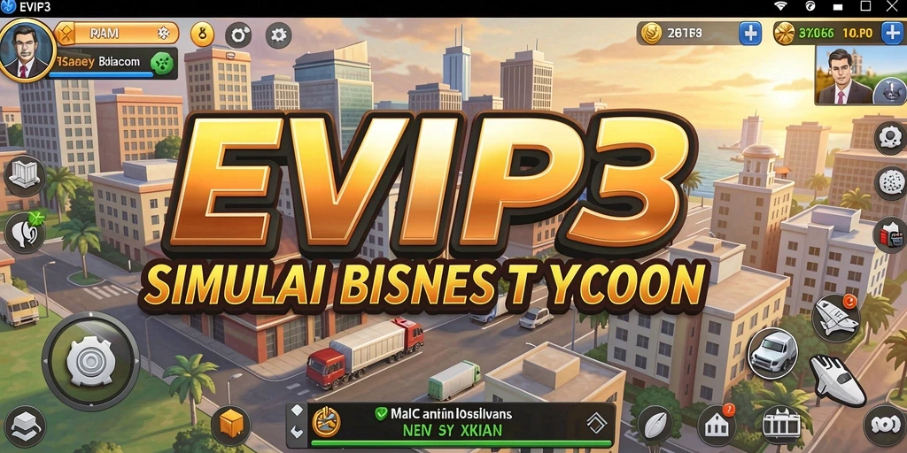 Tangkapan layar menampilkan gameplay menarik EVIP3 dengan aksi manajemen bisnis.
