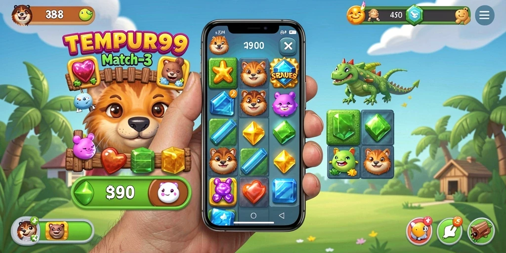 Screenshot gameplay TEMPUR99 menunjukkan level Match-3 yang penuh warna dan menantang.