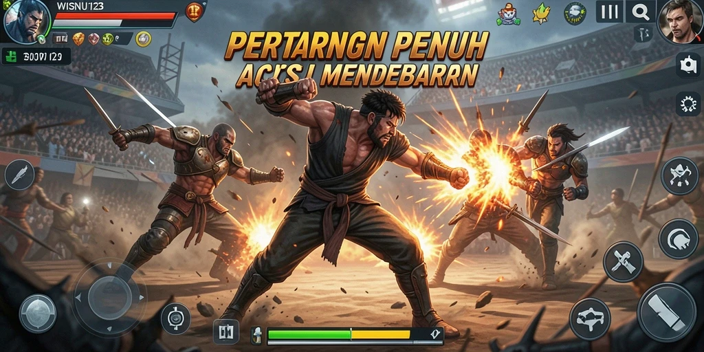 Screenshot utama memperlihatkan aksi pertarungan seru dalam WISNU123.
