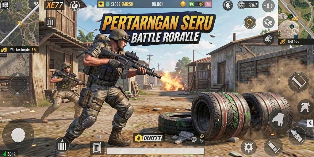 Screenshot XE77 menampilkan aksi mendebarkan dalam pertempuran Battle Royale.
